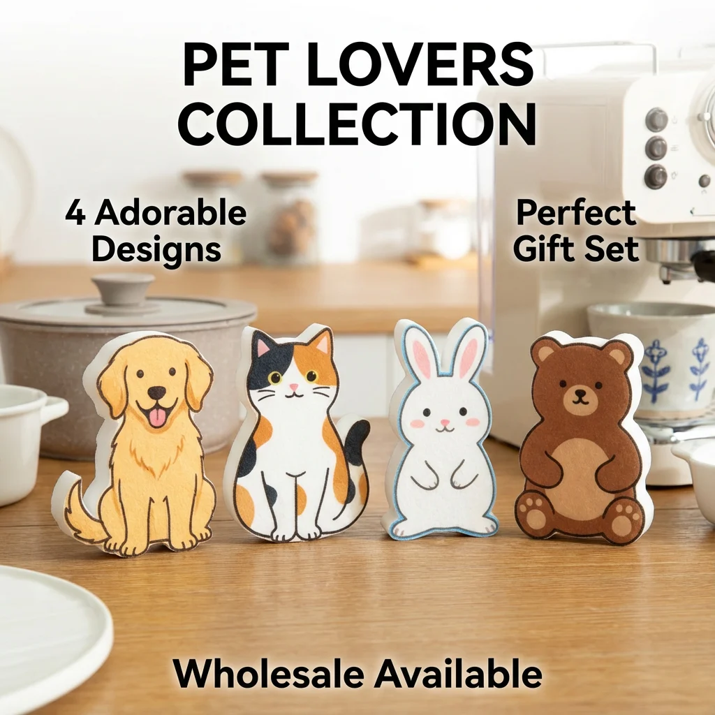 Cartoon animal and car shaped cleaning sponges