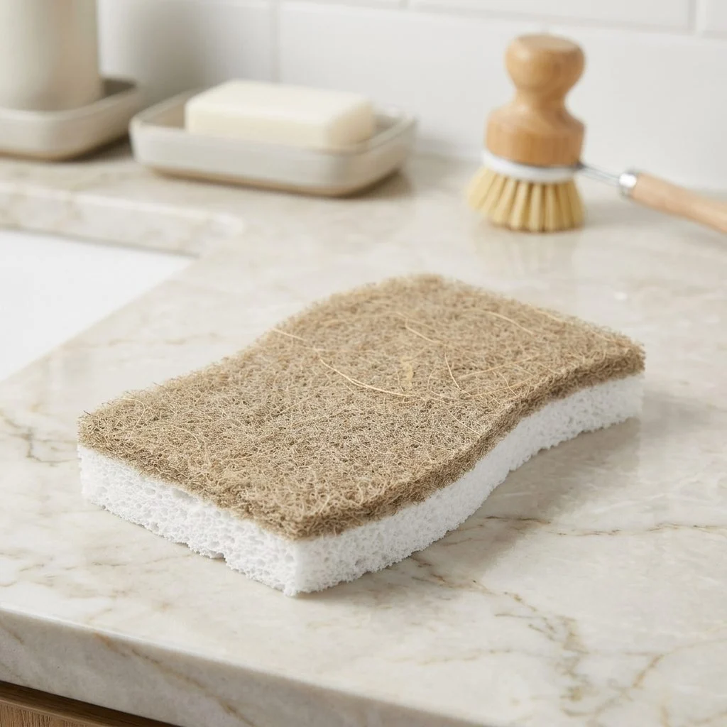 Dual-sided coconut coir and white foam kitchen sponge resting on a marble countertop