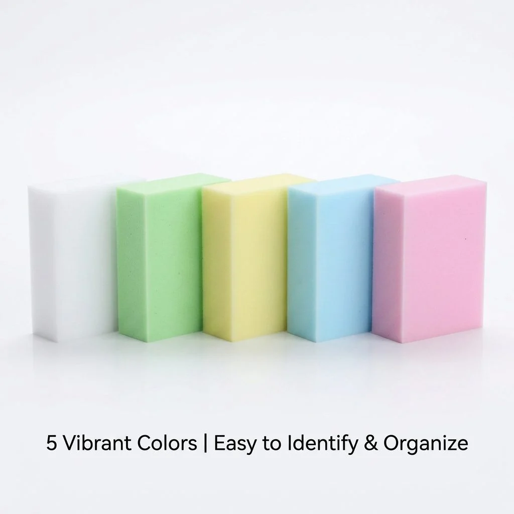 Five color melamine dish sponges in white, green, yellow, blue and pink lined up for color coded cleaning