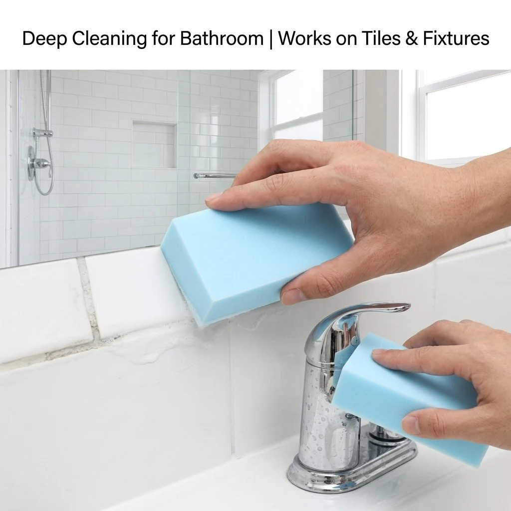 Blue melamine wall stain remover sponge cleaning grime from white bathroom tile near a chrome faucet