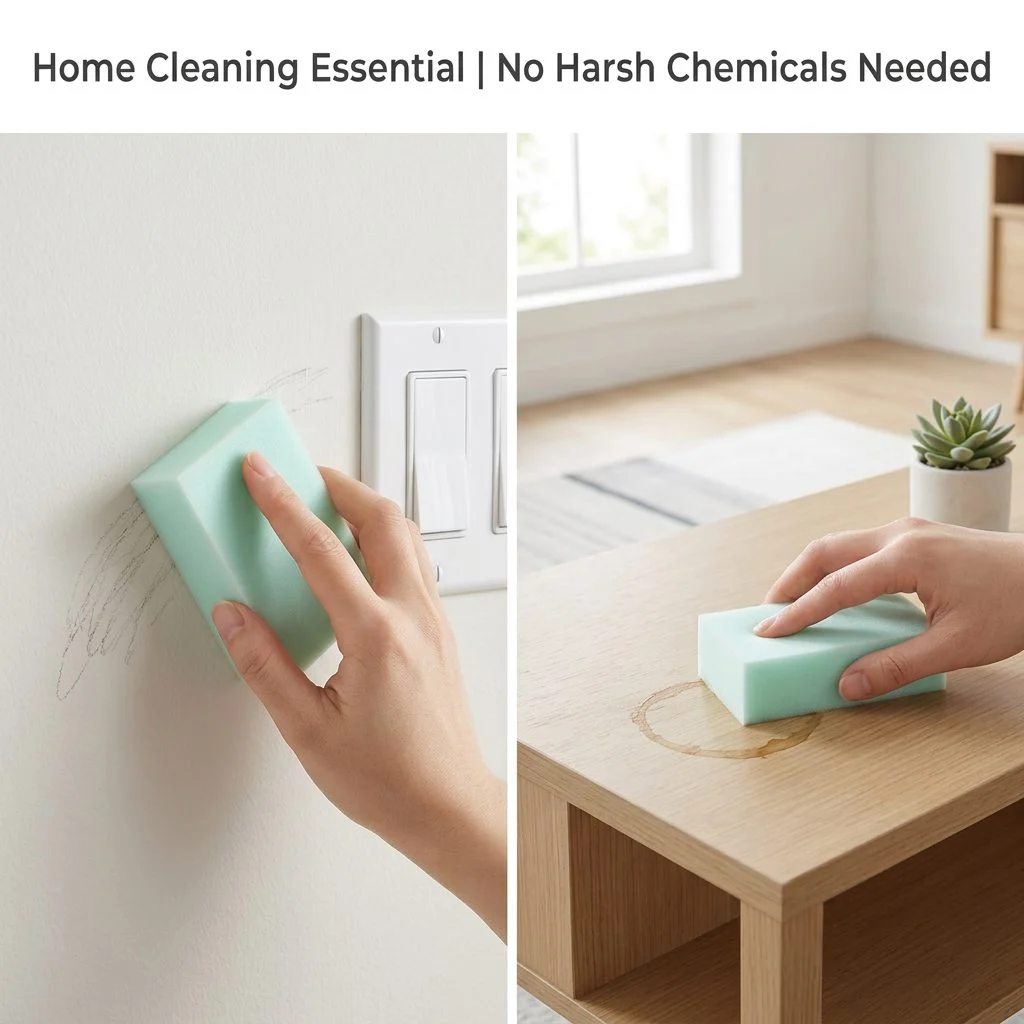 Hand wiping pencil and crayon marks off a white painted wall with a green wall stain remover sponge