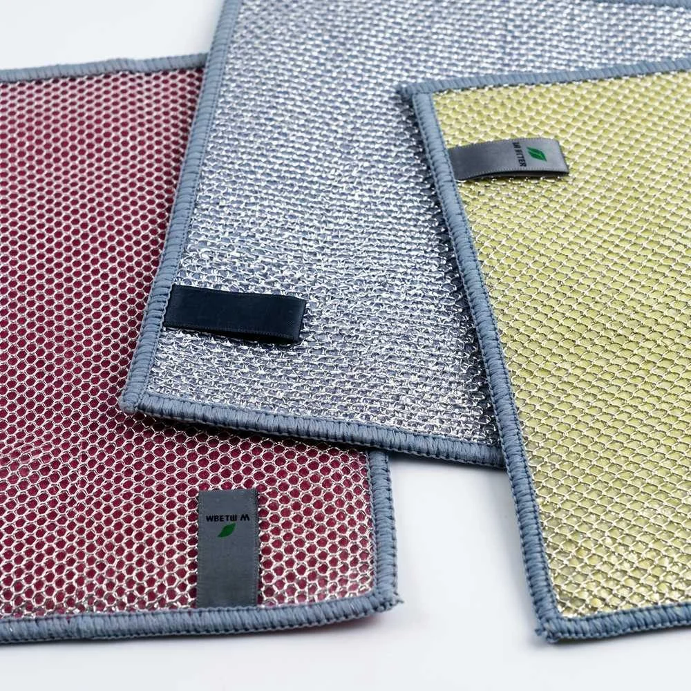 Silver fiber dual-layer cleaning cloths in pink, blue and yellow for a streak-free glass finish